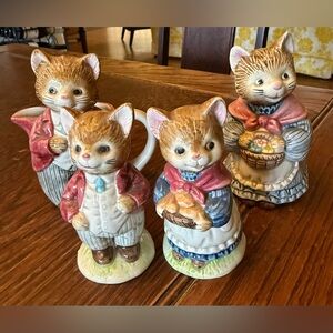 Vintage Otagiri Whiskers 4 Piece Ceramic Cat Set - Salt, Pepper, Creamer, Sugar.